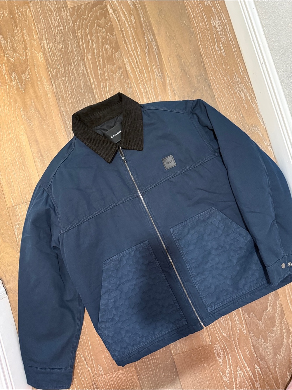 Coach Signature Navy Zip-Front Jacket with Dark Corduroy Collar